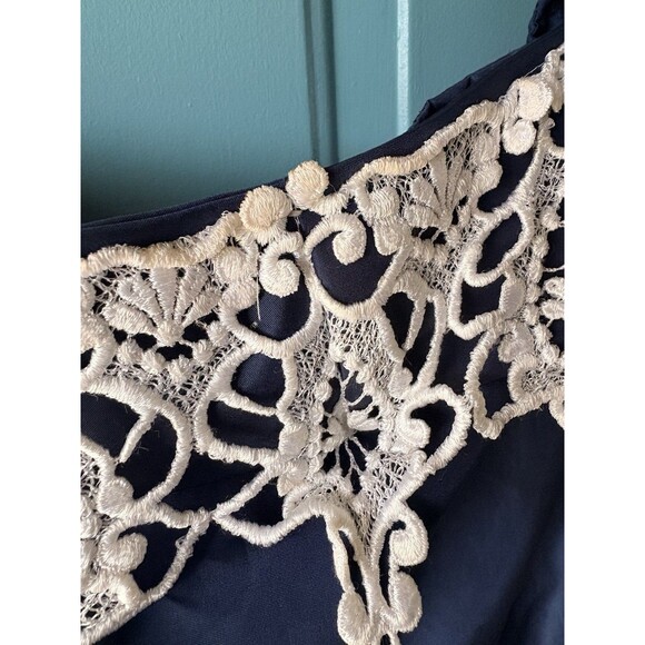 VTG'80 ILGWU Prom Formal Navy Blue Satin Lace Dress /Puffs Sleeves /Bows Size 40 - Picture 2 of 16